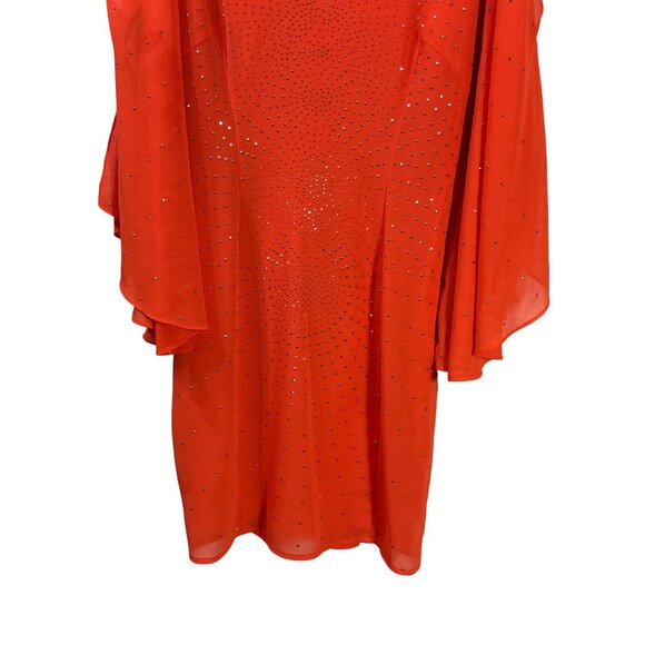 Bebe Orange Gold Rhinestone Embellished V-Neck Chiffon Mini Dress Flowy XS - Picture 3 of 8